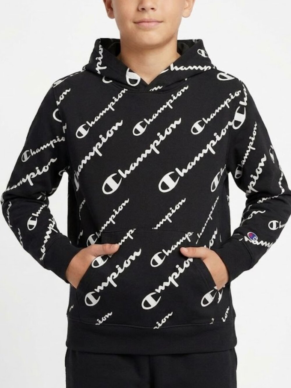 Champion Boys Hoodie Large 14 16 Black White All Over Print Script Pullover L